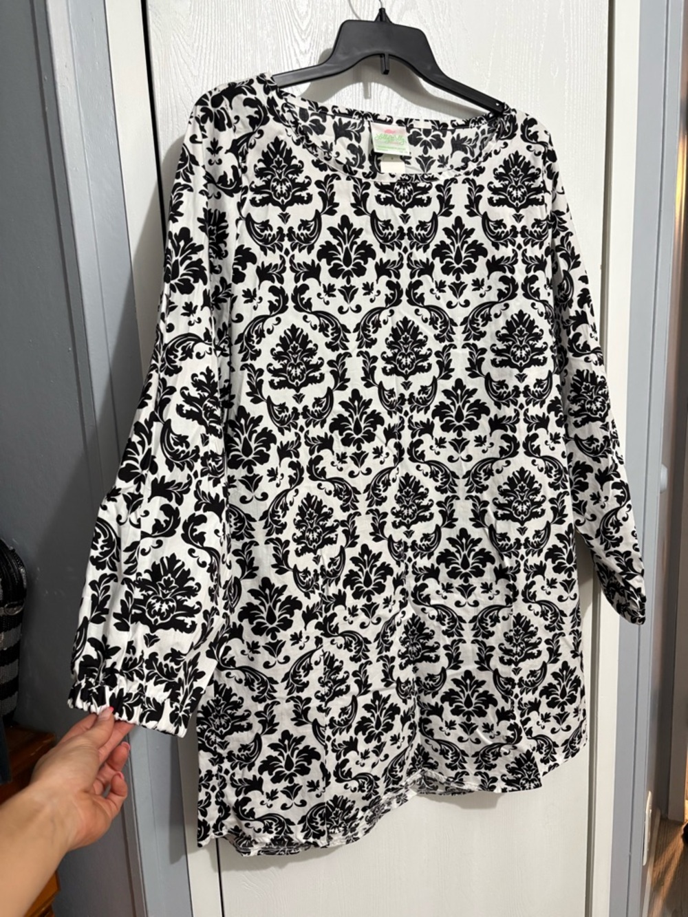 Lolly Wolly Doodle Black and White Damask Tunic Top XXL
